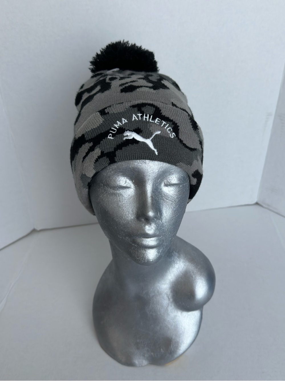 Athletics Spellout Logo Camouflage Pom Pom Beanie Hat OSFM Winter Knit Cap
